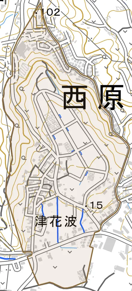 字津花波とその周辺の地図。町の範囲を重ねている