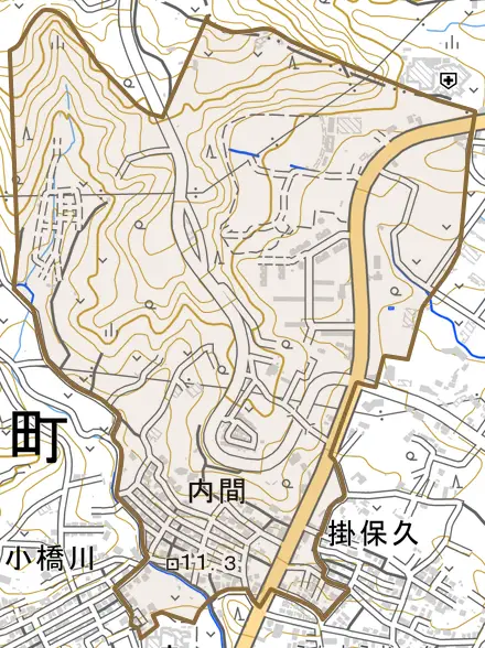 字内間とその周辺の地図。町の範囲を重ねている