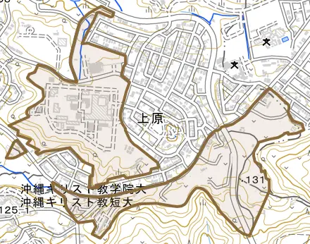 字上原とその周辺の地図。町の範囲を重ねている