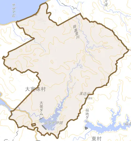 字喜如嘉とその周辺の地図。町の範囲を重ねている