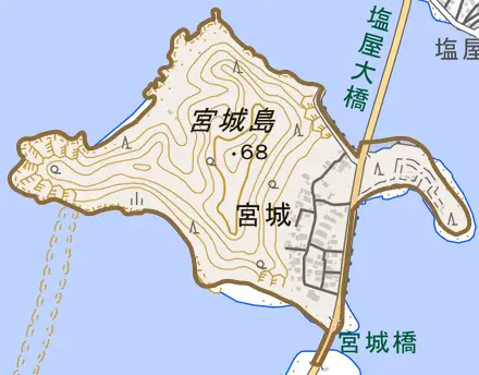 字宮城とその周辺の地図。町の範囲を重ねている