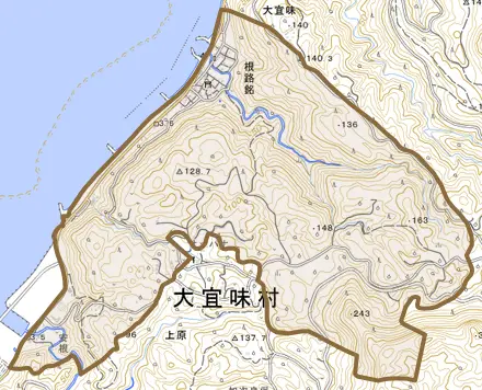 字根路銘とその周辺の地図。町の範囲を重ねている