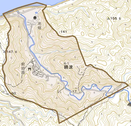 字饒波とその周辺の地図。町の範囲を重ねている