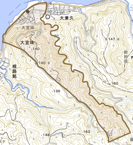 字大宜味とその周辺の地図。町の範囲を重ねている