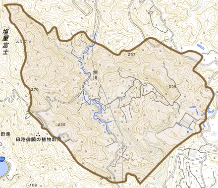 字押川とその周辺の地図。町の範囲を重ねている