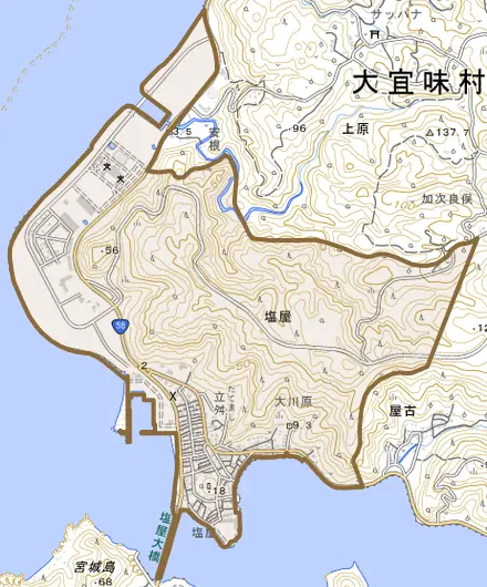 字塩屋とその周辺の地図。町の範囲を重ねている