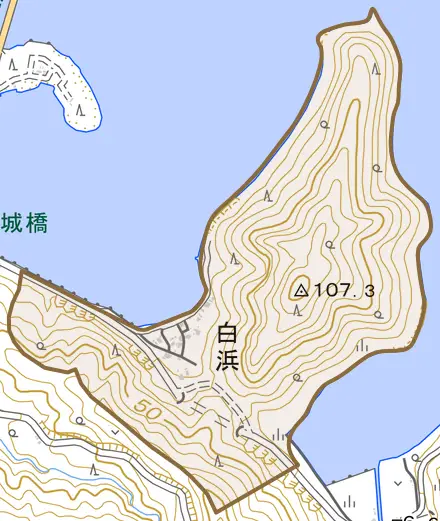 字白浜とその周辺の地図。町の範囲を重ねている
