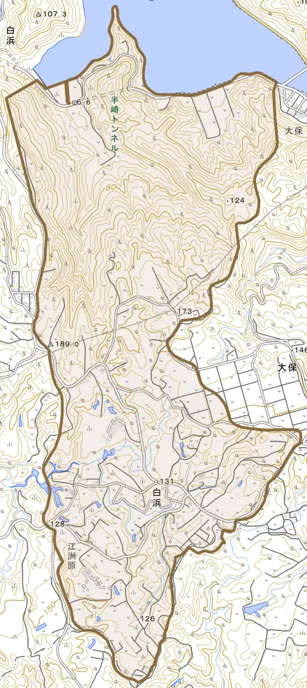 字江洲とその周辺の地図。町の範囲を重ねている