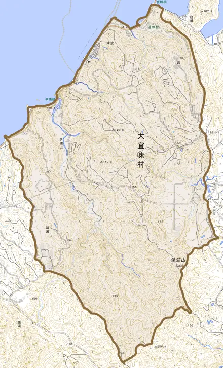 字津波とその周辺の地図。町の範囲を重ねている