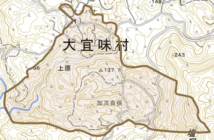 字上原とその周辺の地図。町の範囲を重ねている