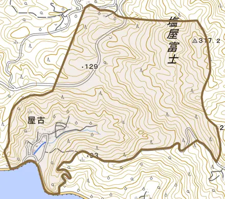 字屋古とその周辺の地図。町の範囲を重ねている