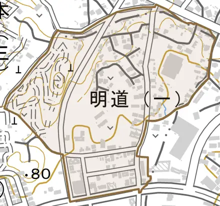 明道とその周辺の地図。町の範囲を重ねている