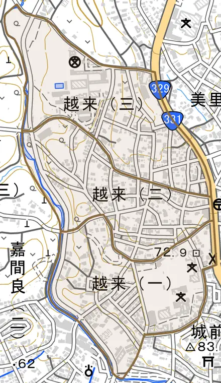越来とその周辺の地図。町の範囲を重ねている