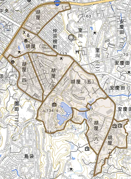 胡屋とその周辺の地図。町の範囲を重ねている