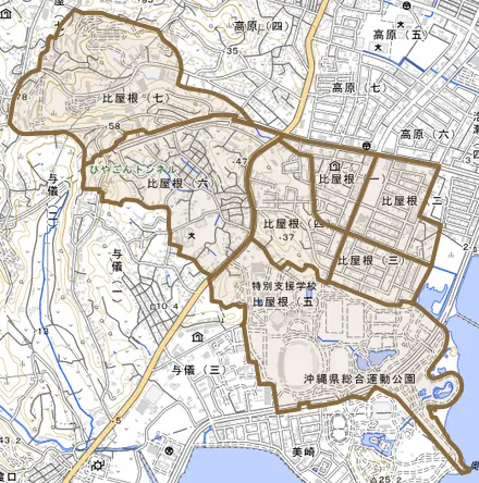 比屋根とその周辺の地図。町の範囲を重ねている
