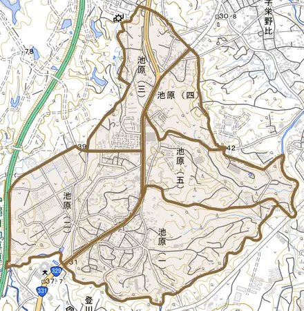 池原とその周辺の地図。町の範囲を重ねている