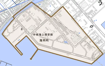 海邦町とその周辺の地図。町の範囲を重ねている