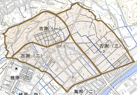 古謝とその周辺の地図。町の範囲を重ねている
