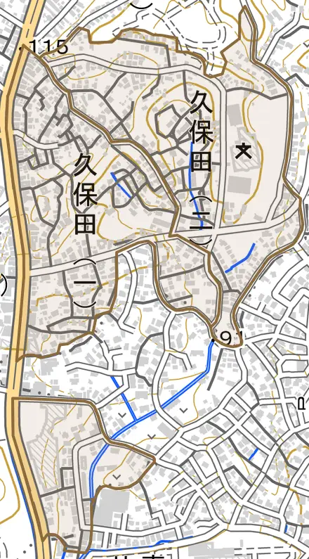 久保田とその周辺の地図。町の範囲を重ねている