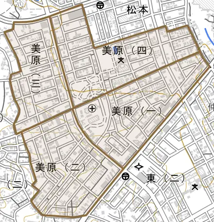 美原とその周辺の地図。町の範囲を重ねている