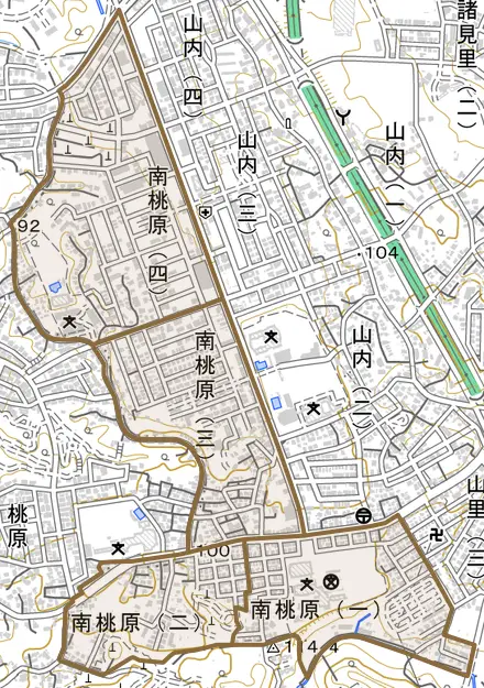 南桃原とその周辺の地図。町の範囲を重ねている