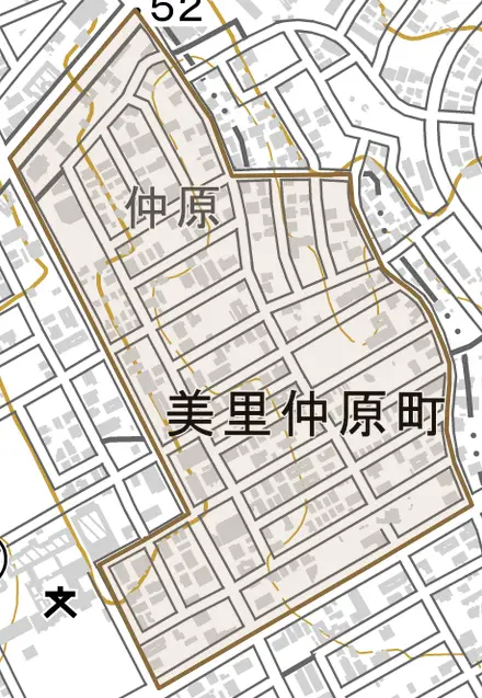 美里仲原町とその周辺の地図。町の範囲を重ねている