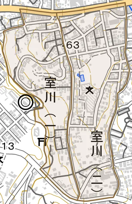 室川とその周辺の地図。町の範囲を重ねている