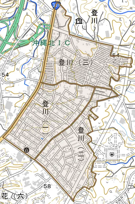 登川とその周辺の地図。町の範囲を重ねている