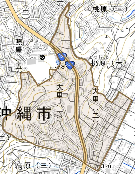 大里とその周辺の地図。町の範囲を重ねている