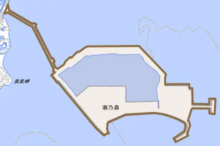 潮乃森とその周辺の地図。町の範囲を重ねている