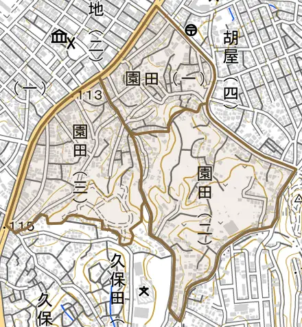 園田とその周辺の地図。町の範囲を重ねている