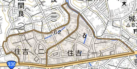 住吉とその周辺の地図。町の範囲を重ねている
