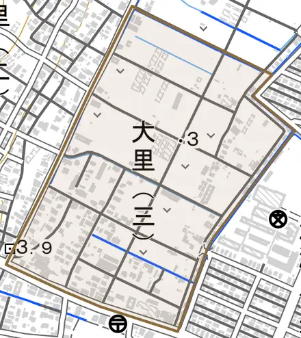 字大里とその周辺の地図。町の範囲を重ねている