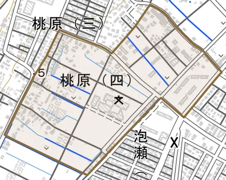 字桃原とその周辺の地図。町の範囲を重ねている