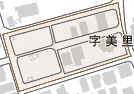 字美里とその周辺の地図。町の範囲を重ねている