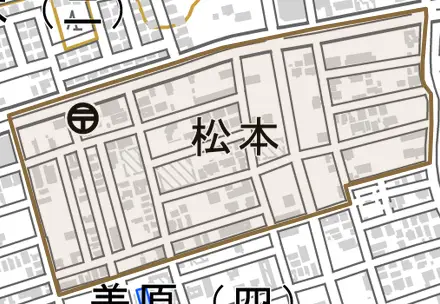 字松本とその周辺の地図。町の範囲を重ねている