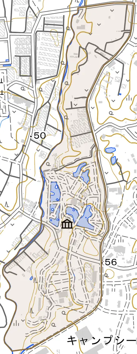 字知花とその周辺の地図。町の範囲を重ねている