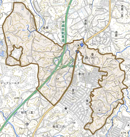 字登川とその周辺の地図。町の範囲を重ねている