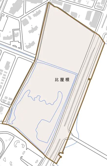 字比屋根とその周辺の地図。町の範囲を重ねている