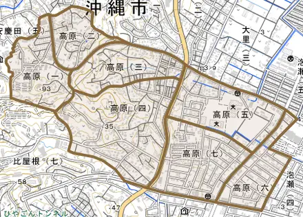 高原とその周辺の地図。町の範囲を重ねている