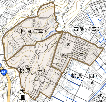 桃原とその周辺の地図。町の範囲を重ねている