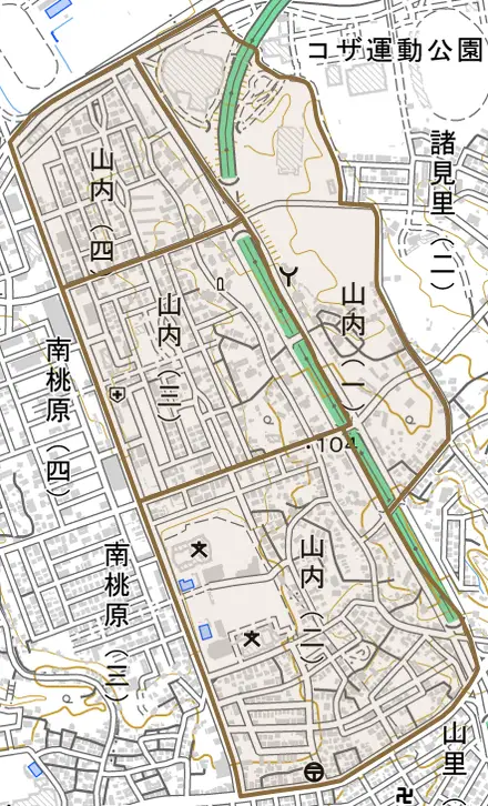 山内とその周辺の地図。町の範囲を重ねている