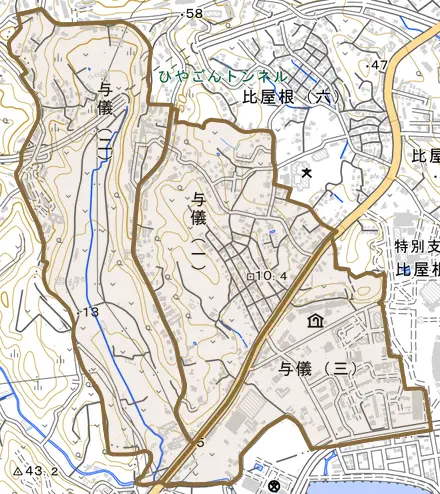 与儀とその周辺の地図。町の範囲を重ねている