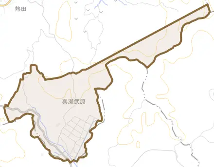 字喜瀬武原とその周辺の地図。町の範囲を重ねている