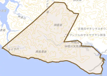 字南風見とその周辺の地図。町の範囲を重ねている