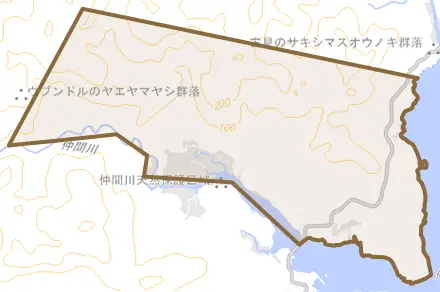 字南風見仲とその周辺の地図。町の範囲を重ねている