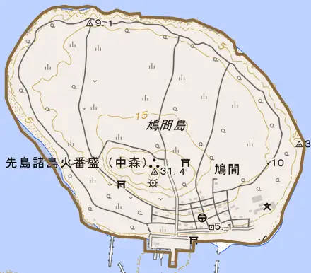 字鳩間とその周辺の地図。町の範囲を重ねている