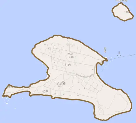 字小浜とその周辺の地図。町の範囲を重ねている