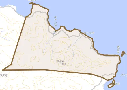 字高那とその周辺の地図。町の範囲を重ねている