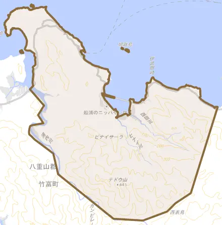 字上原とその周辺の地図。町の範囲を重ねている